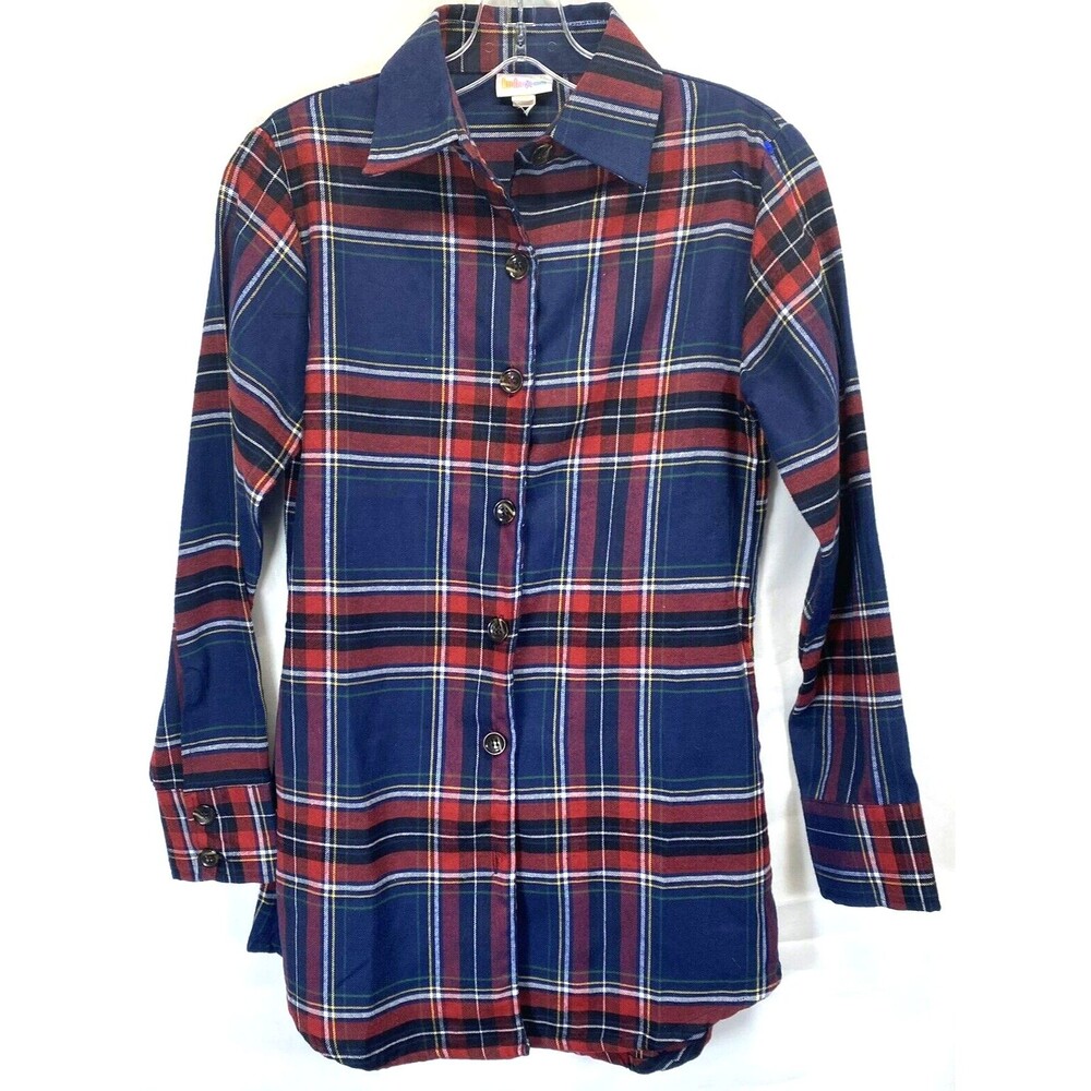 LULAROE Women's Shirt size XXS Blue/Red PLAID FLANNEL Long Sleeve Side Pockets